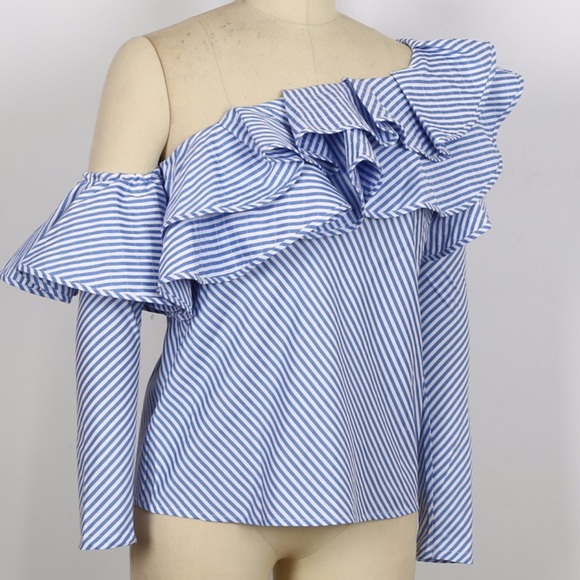 One Left! One Shoulder Striped Blue Ruffle Top - Picture 7 of 8